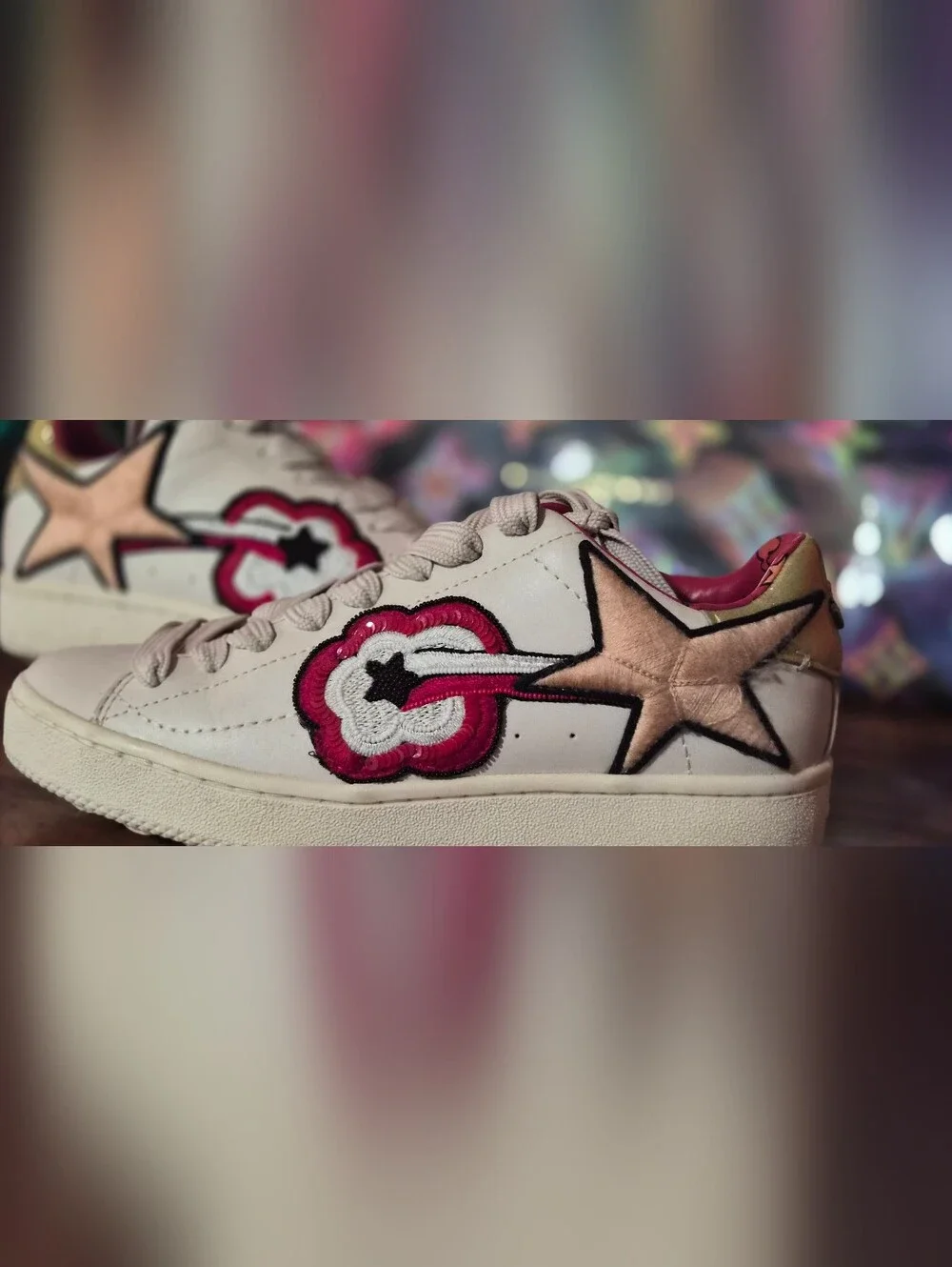 Coach White Sneakers with Pink & Gold Star Appliqués